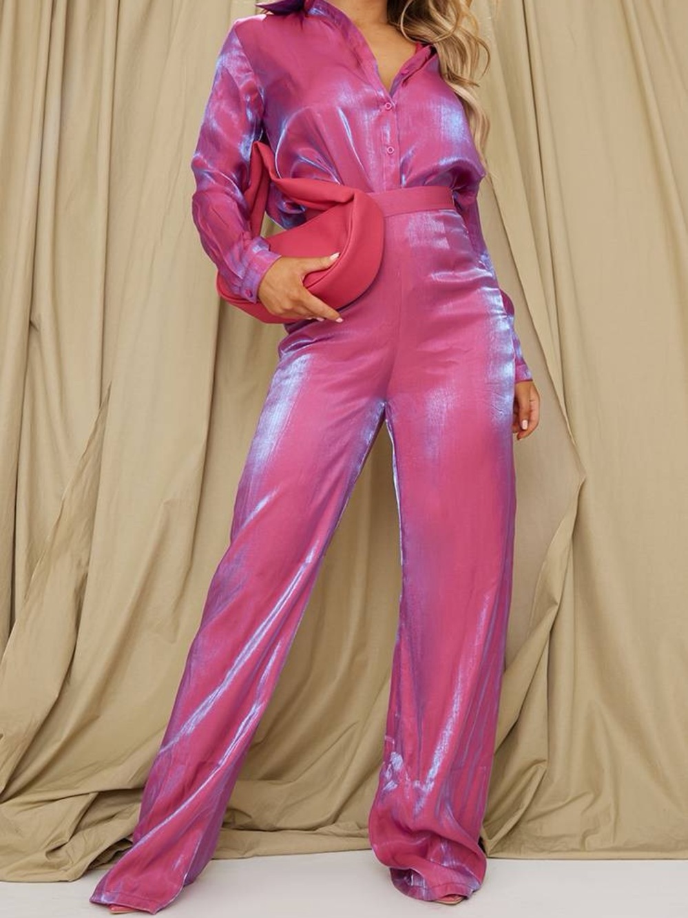 PrettyLittleThing Pink Metallic-Wide Leg pan suit set -JUST SHIRT PANTS SEPERATE